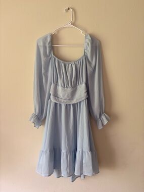 Light Blue Women's Long Sleeve Ruffle Hem Dress